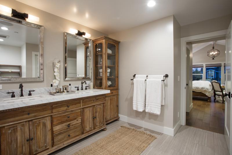 master bath, marble counters, natural wood vanity